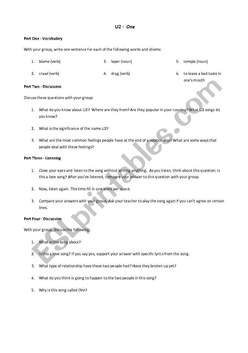 Song U2 - One worksheet