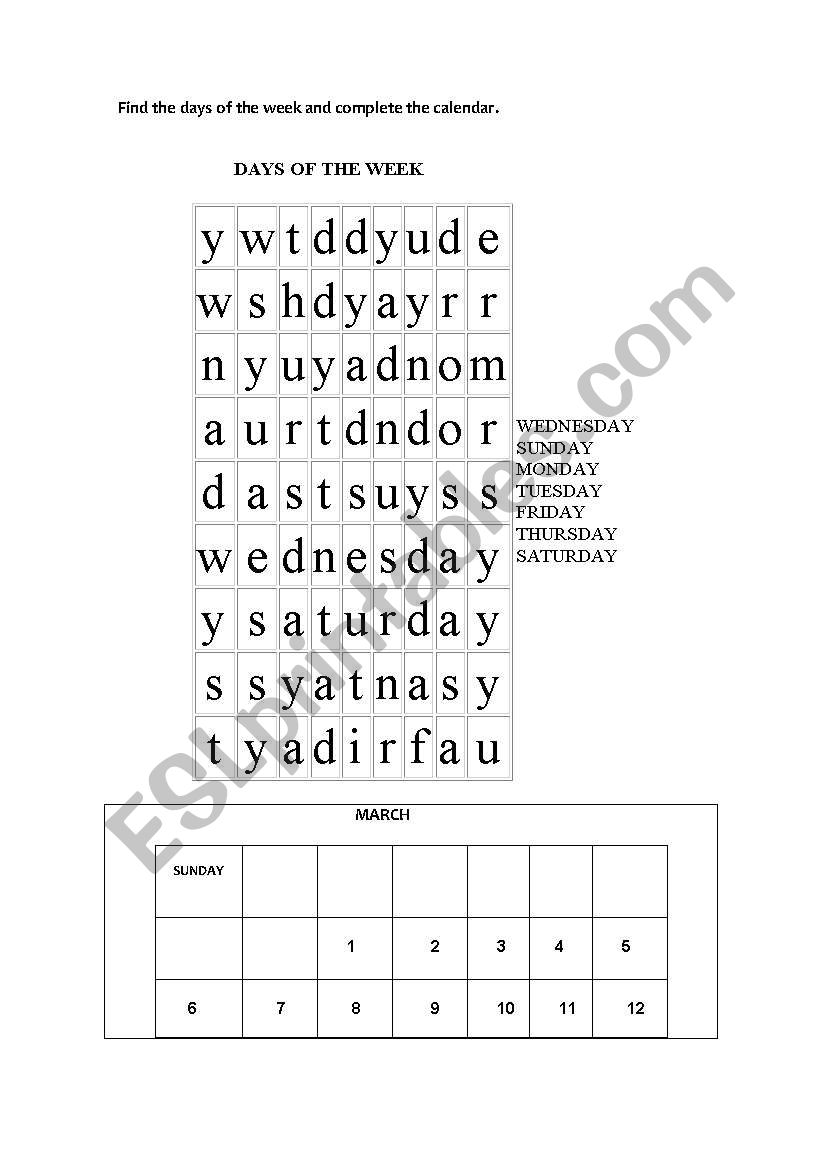 days of the week worksheet