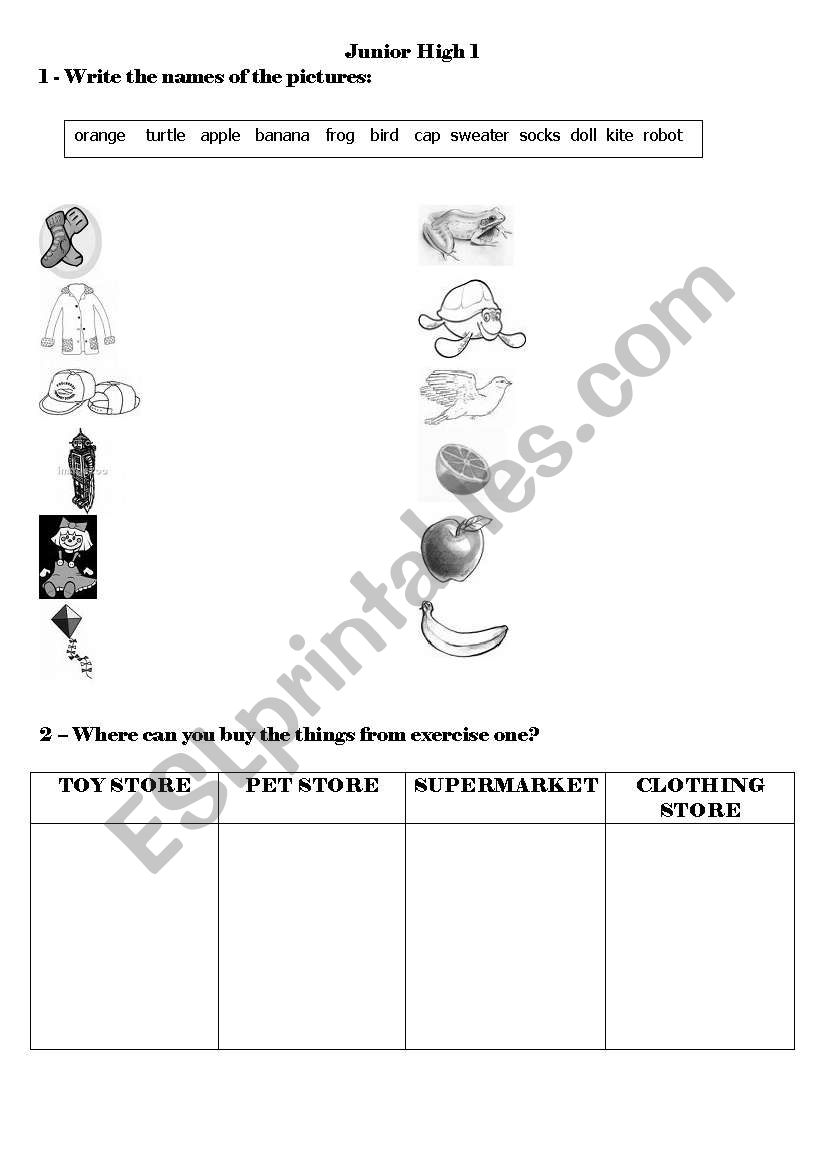 stores and products worksheet