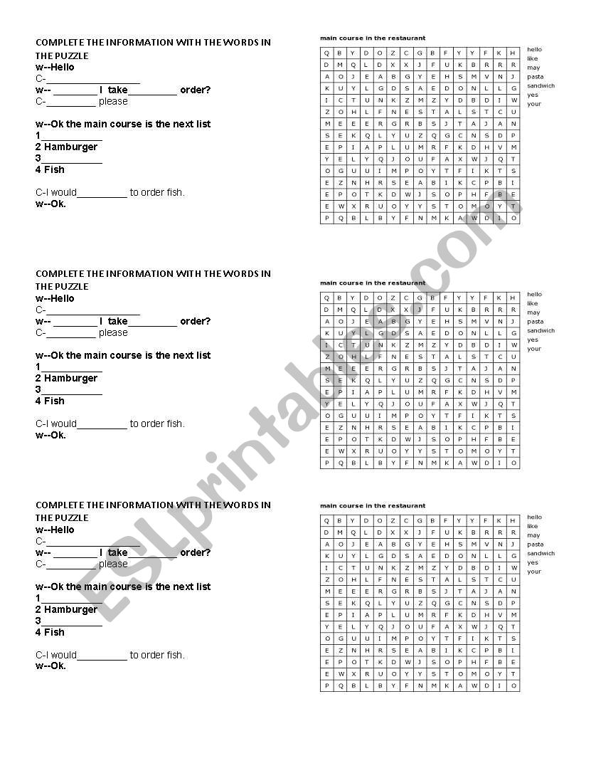 restaurant worksheet