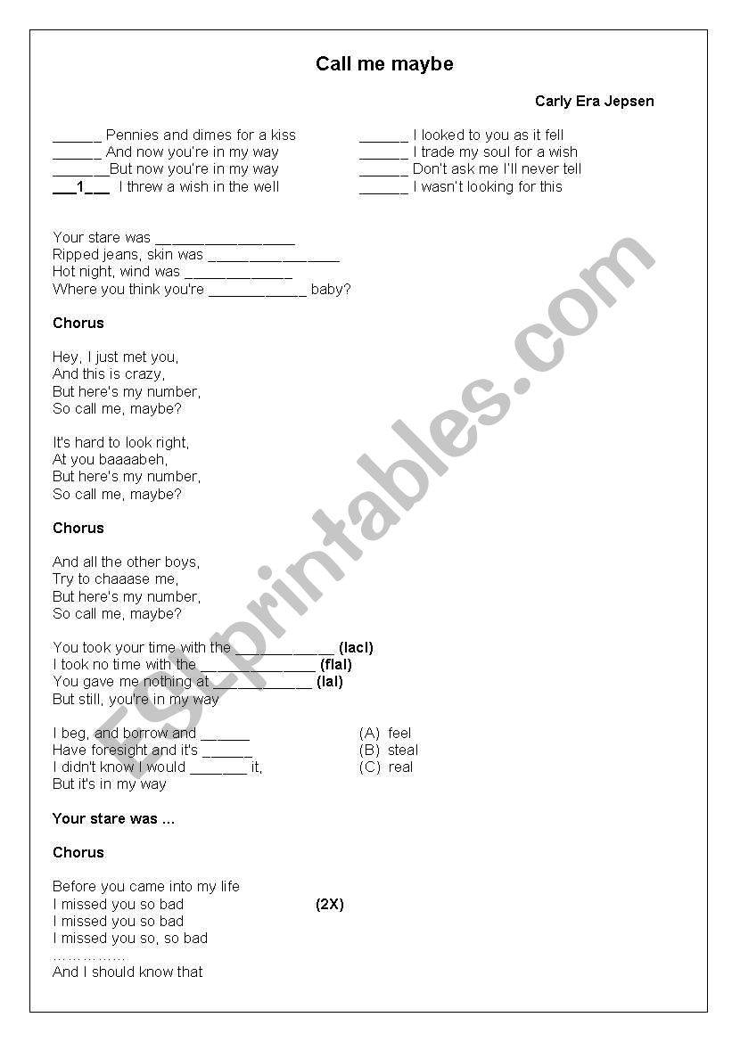 Call me Maybe worksheet