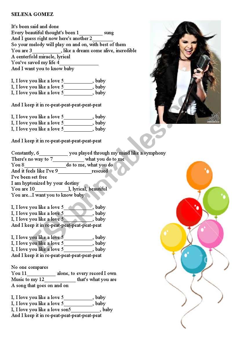 Love Song by Selena Gomez worksheet