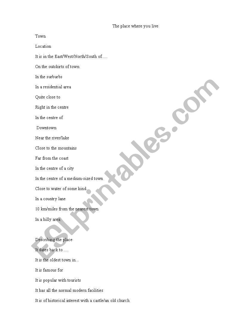 description of a place worksheet