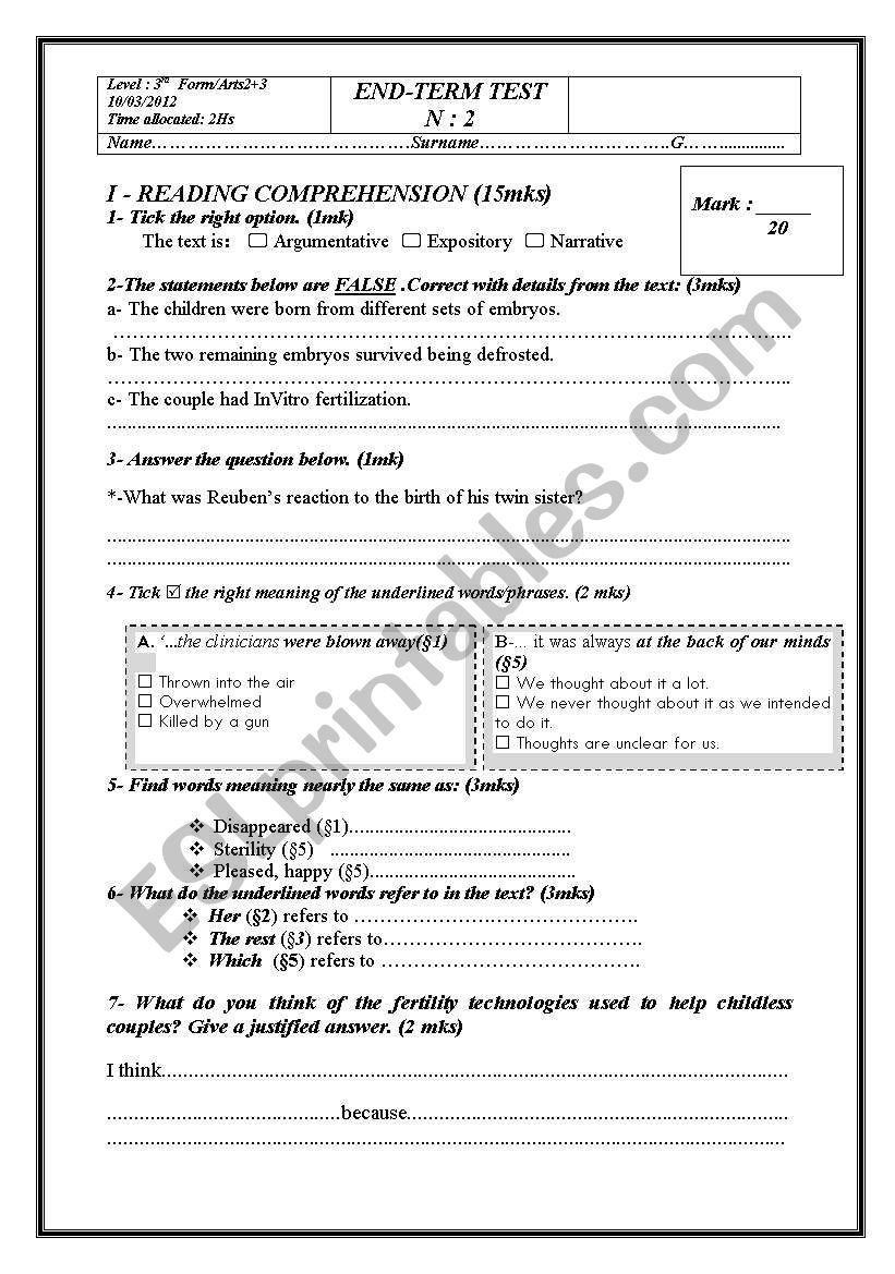 End-term test N:2 for 3rd form ARTS