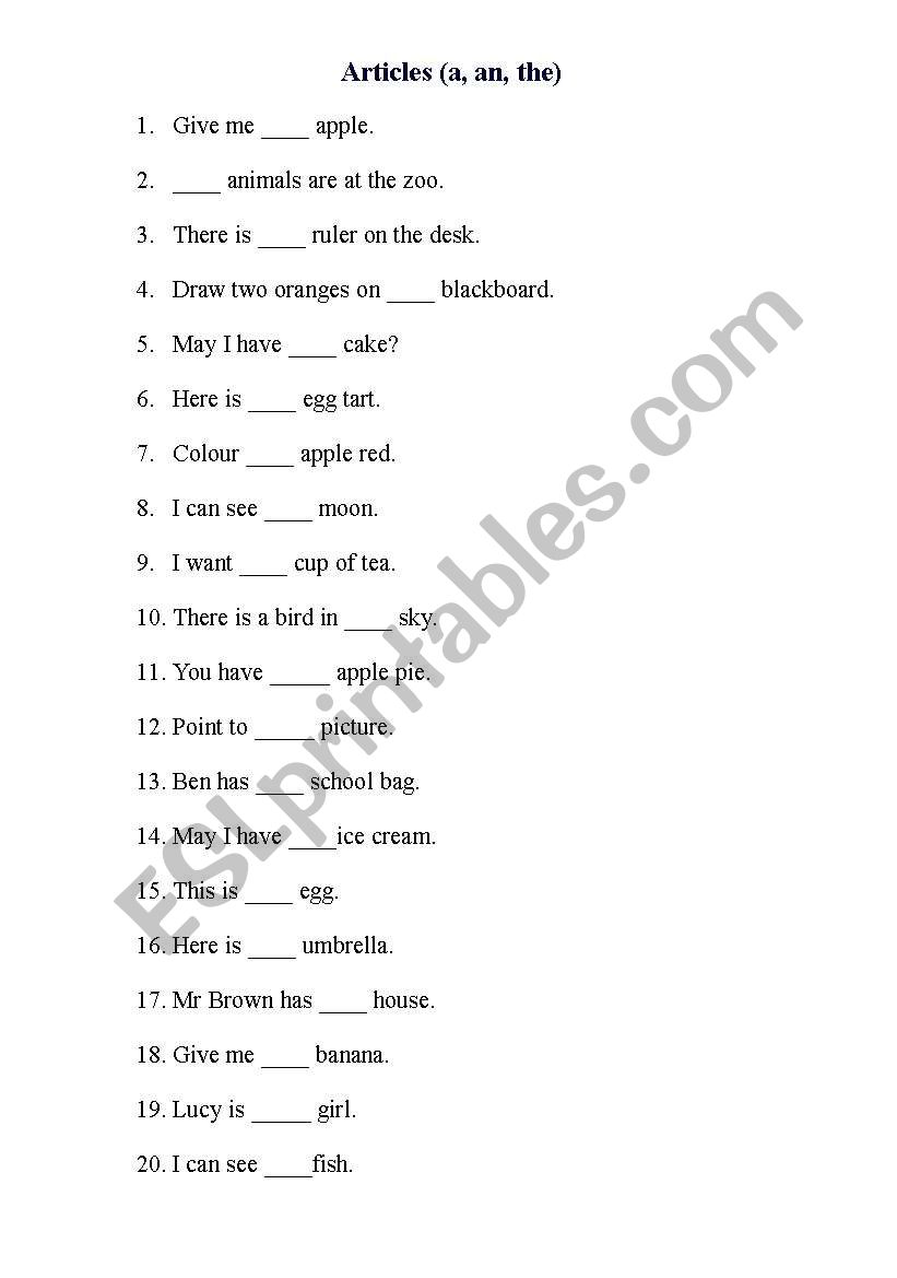 Articles exercise worksheet