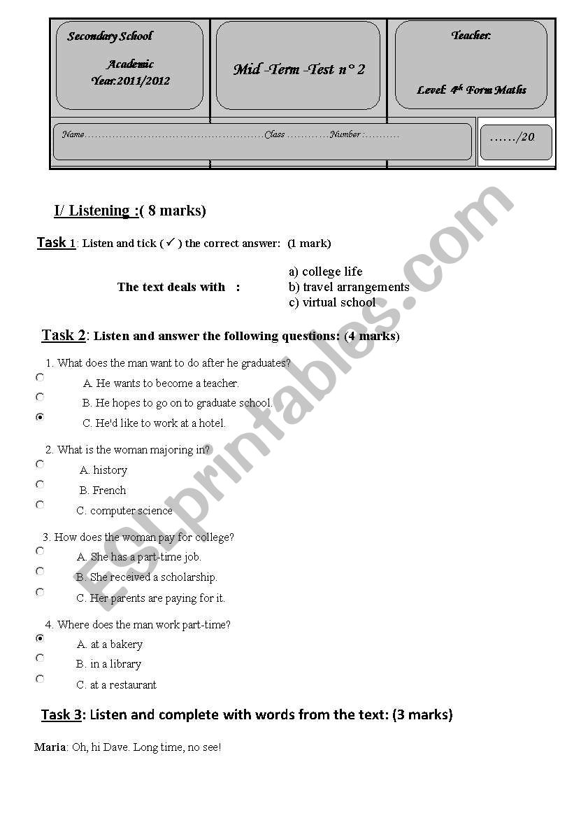 midterm test 2 Bac Math worksheet
