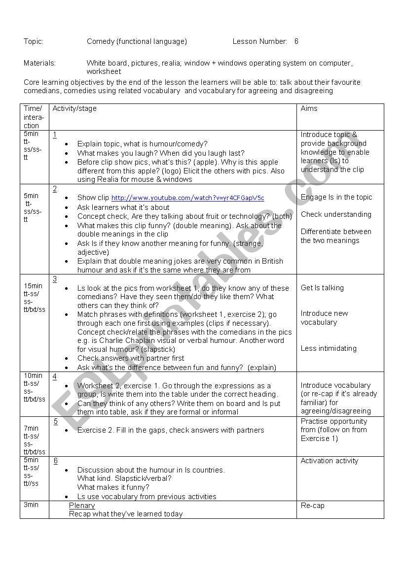 Humour/comedy worksheet