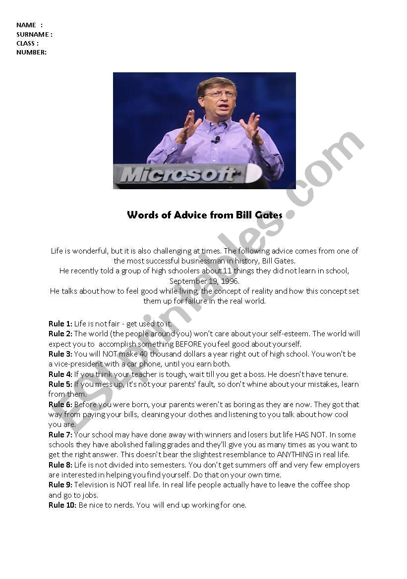 Bill Gates Rules of Life worksheet