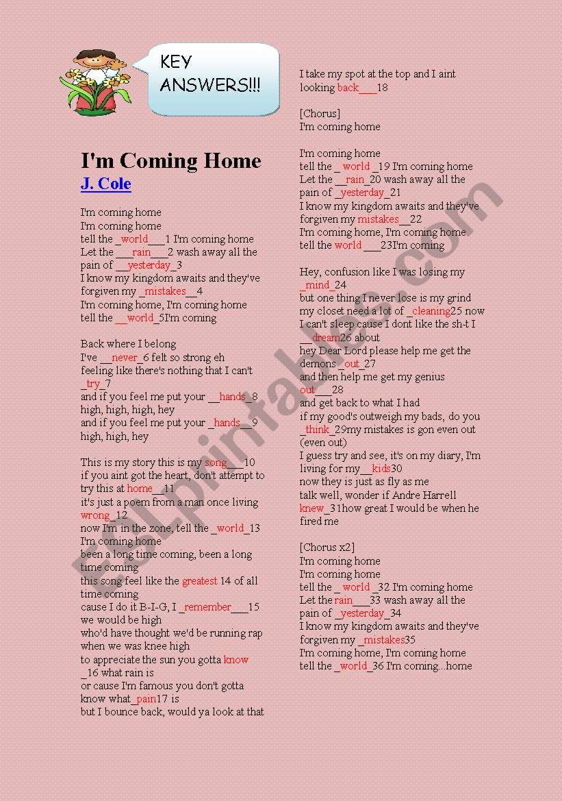 Song I M Coming Home By J Cole Esl Worksheet By Blancamendez esl printables