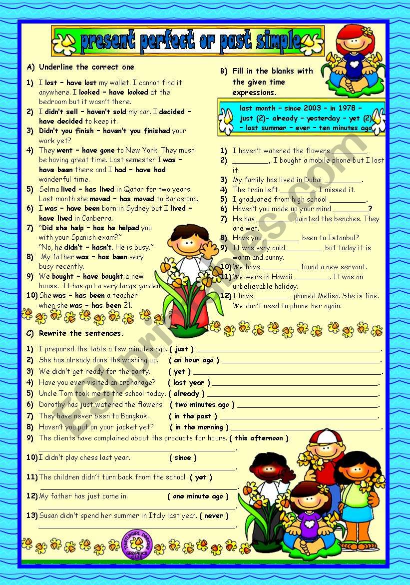 Present Perfect or Past Simple - 2 (b&w+key included)