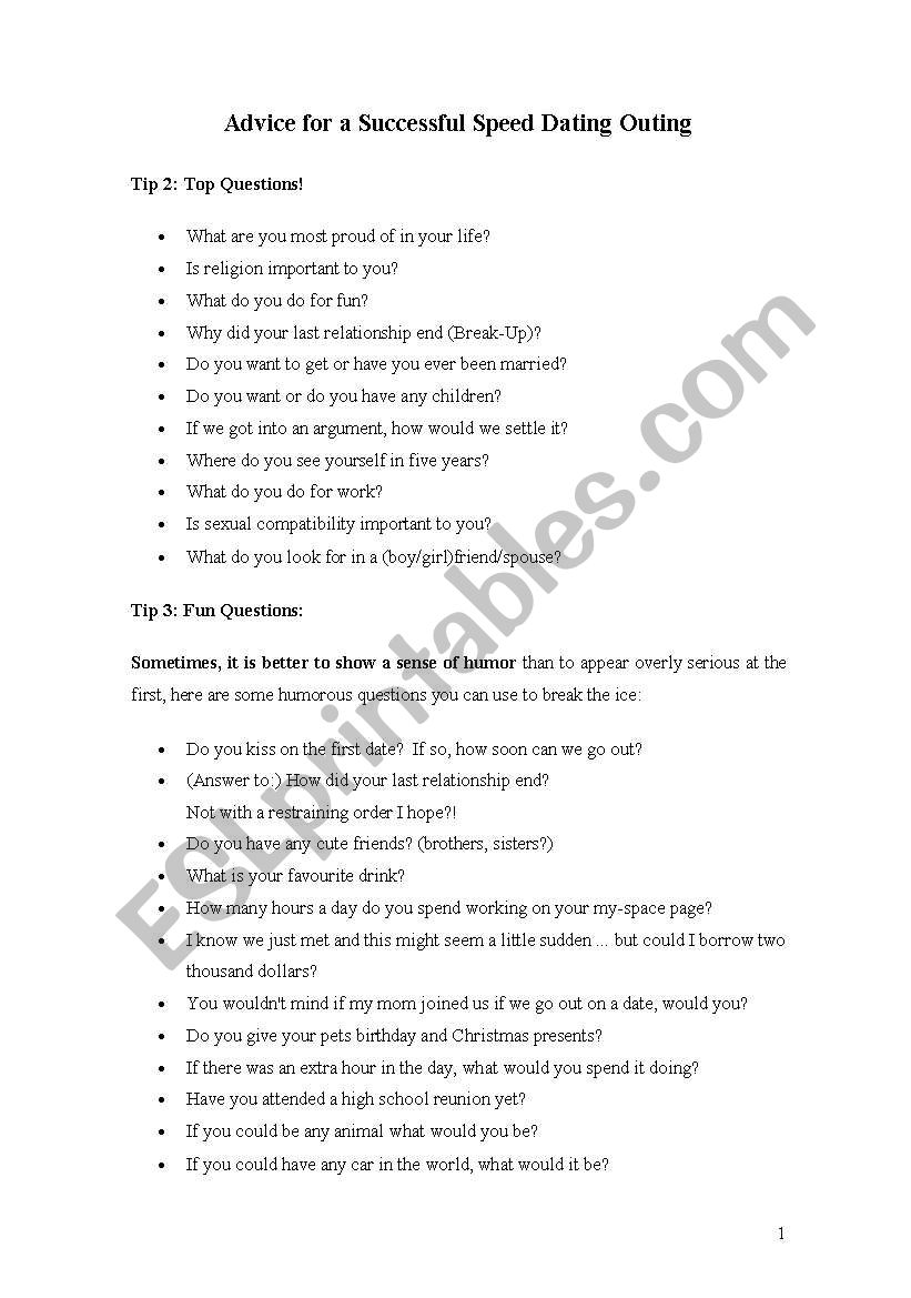 speed dating advice worksheet