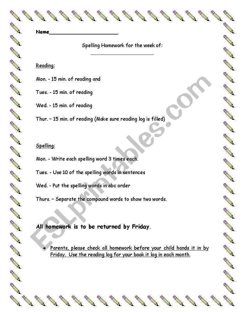 spelling homework packet worksheet
