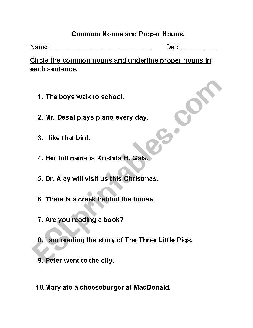 Common and Proper nouns worksheet