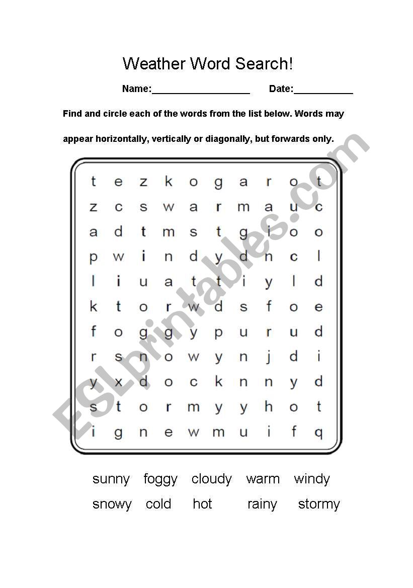 Weather Word Search! worksheet
