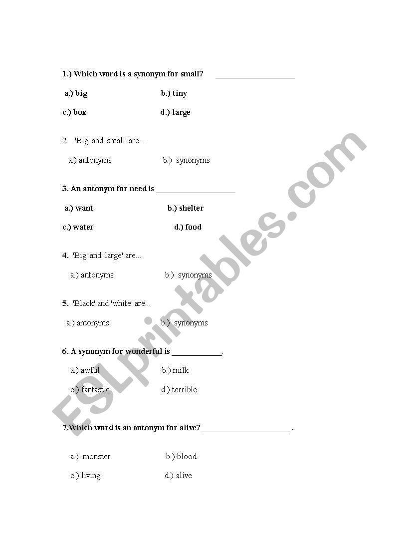 Synonyms and Antonyms  worksheet