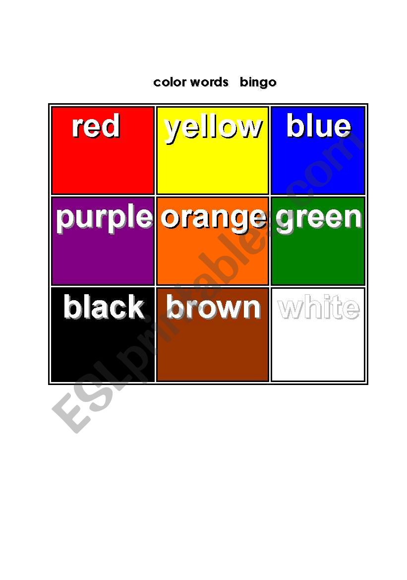 colored words bingo board worksheet