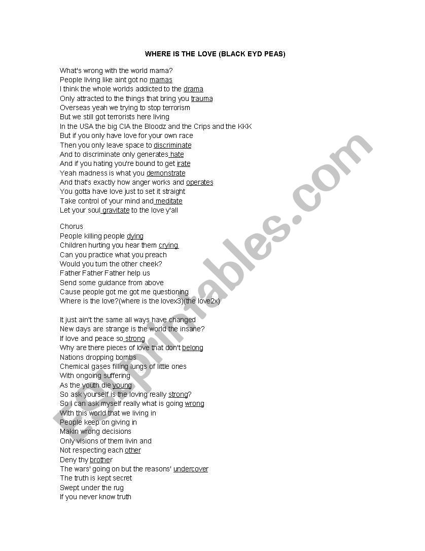 lyrics where is the love worksheet