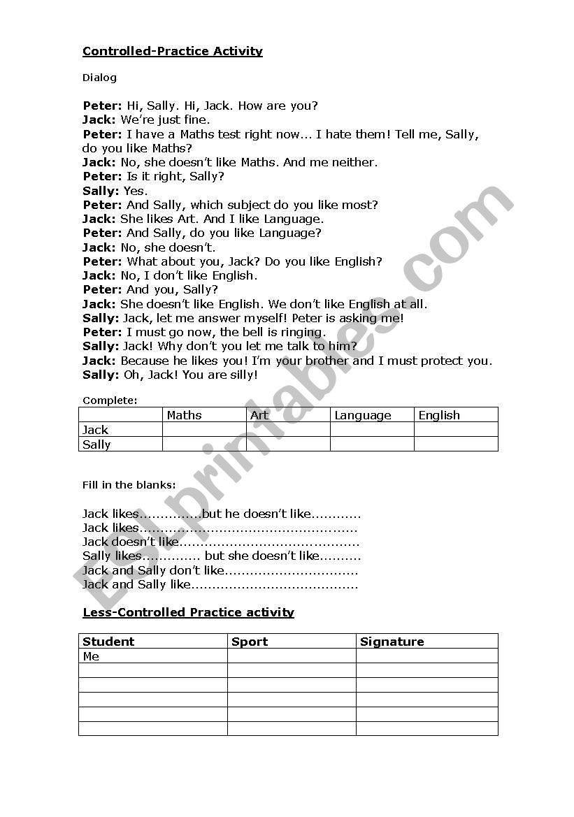 questions Likes and Dislikes worksheet