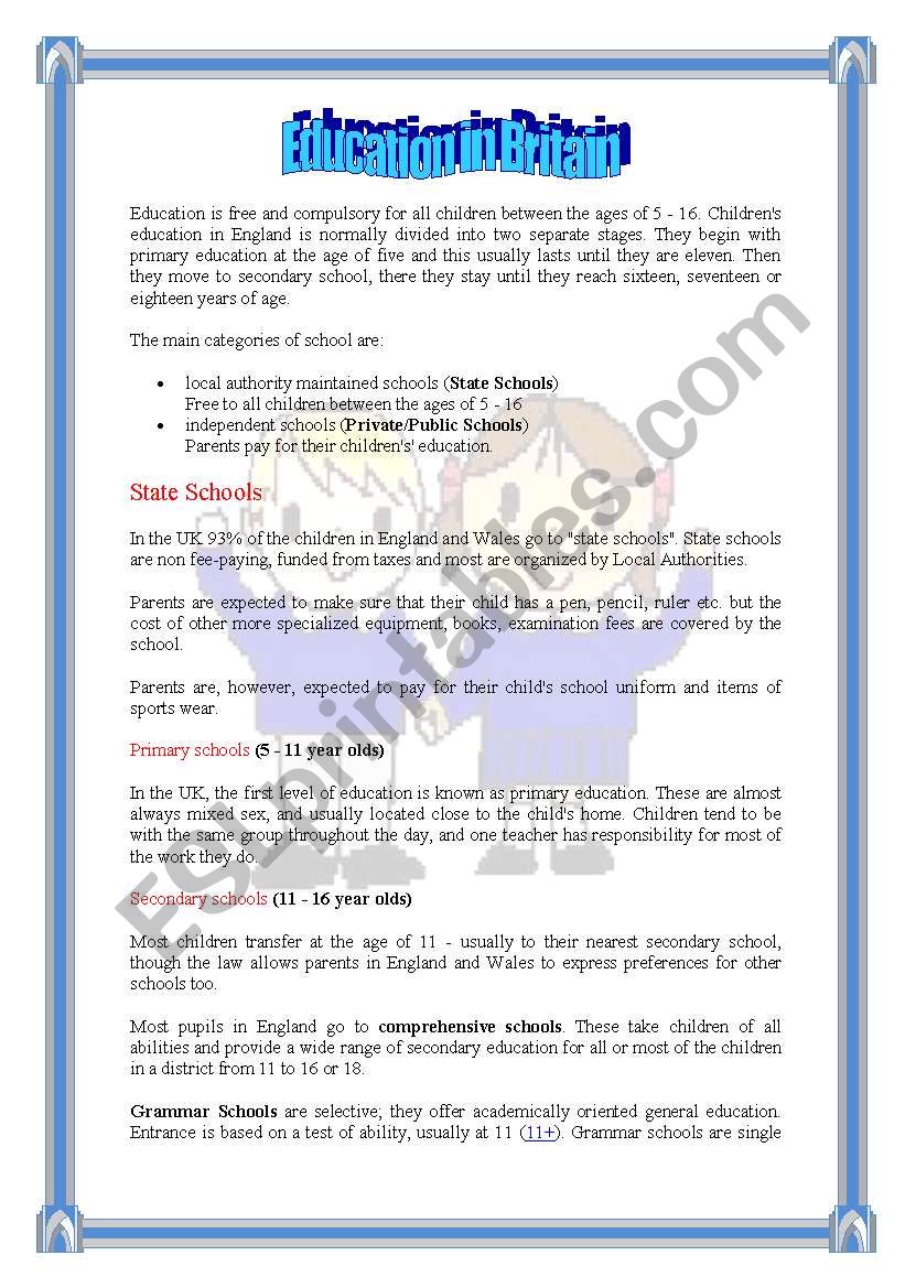 Education in Britain worksheet