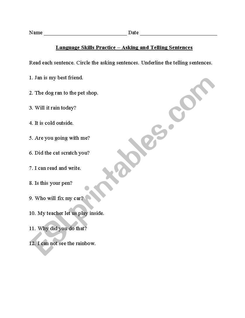 Asking and Telling Sentences worksheet