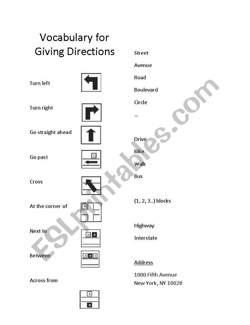 Vocab for Giving Directions worksheet