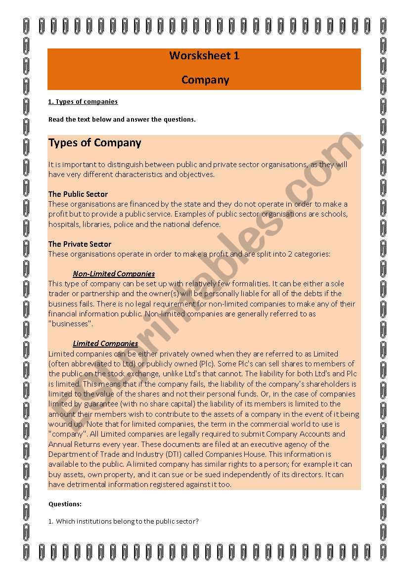 Business and Company worksheet