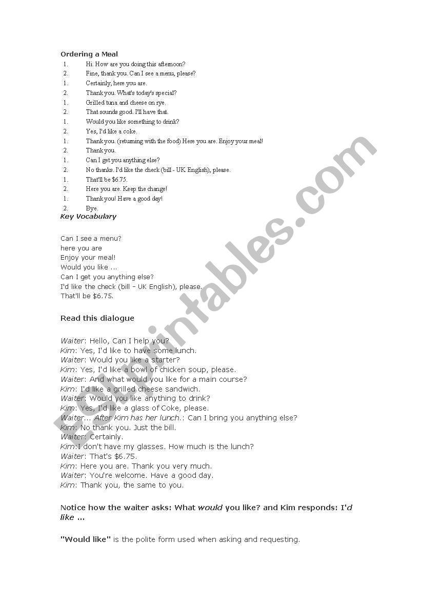 table manners  worksheet