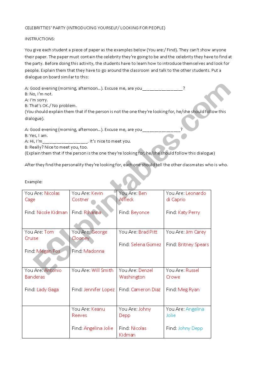 Celebrities  Party worksheet