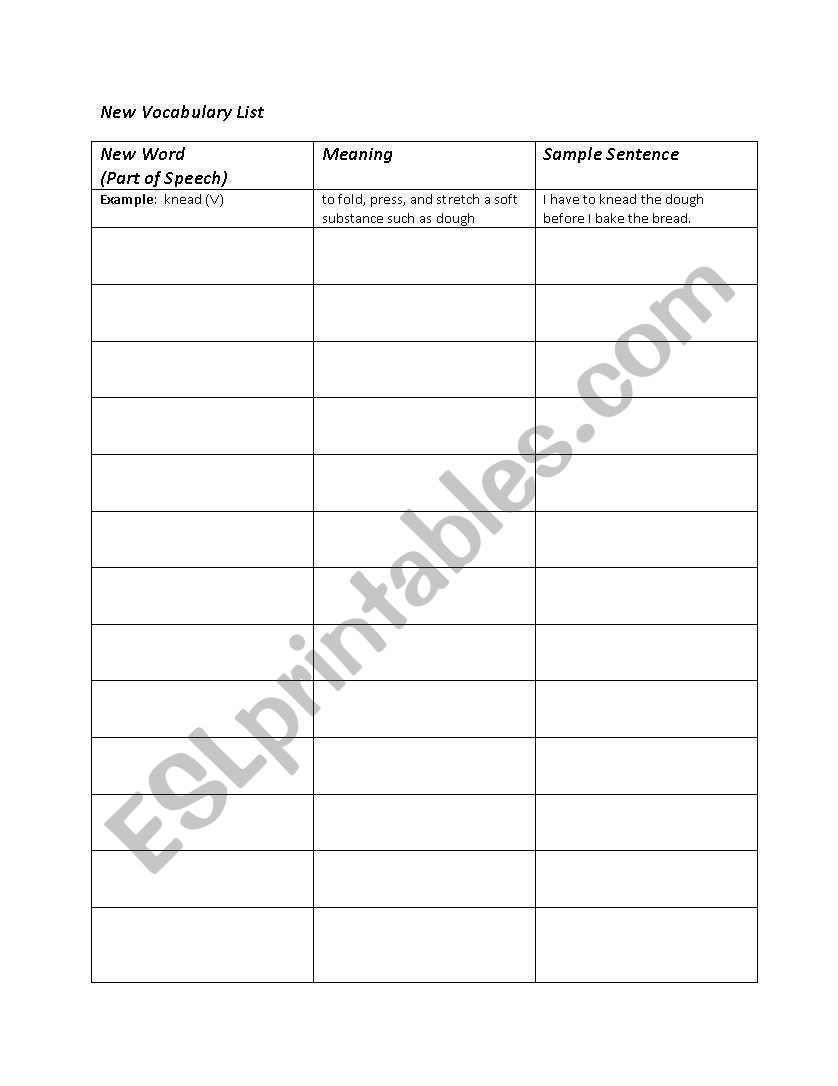 Vocabulary List worksheet