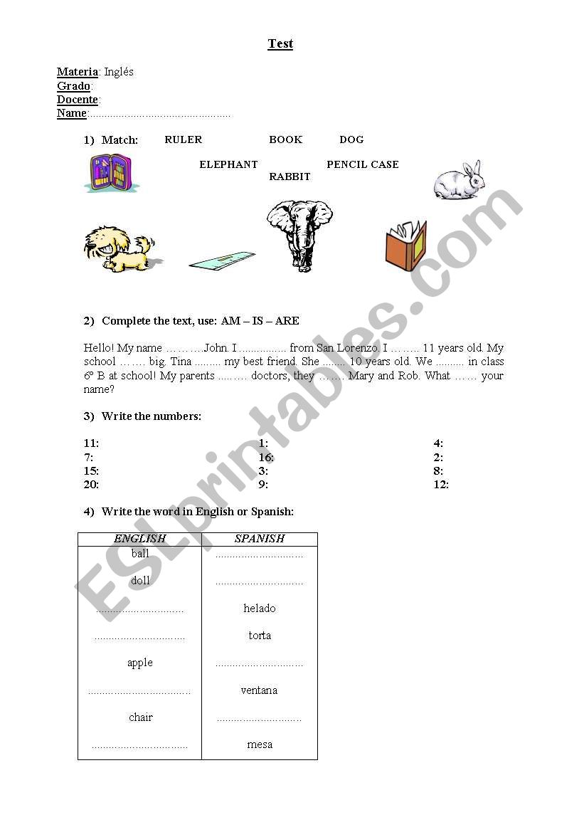 Test: Verb to be, numbers, colours, a/an, whats this?