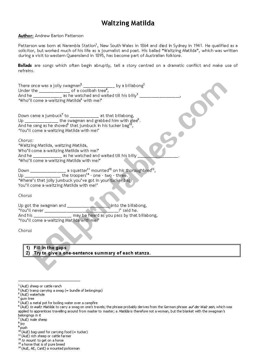 Waltzing Mathilda worksheet