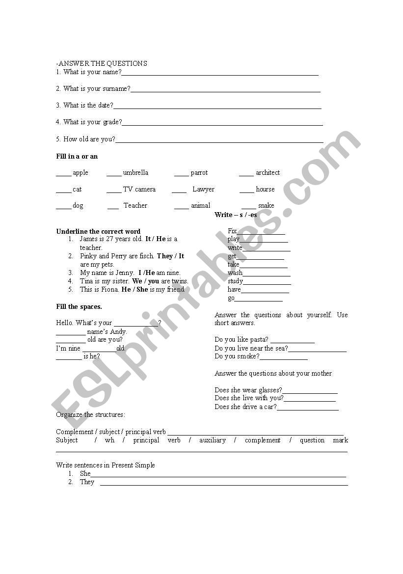 personal information  worksheet