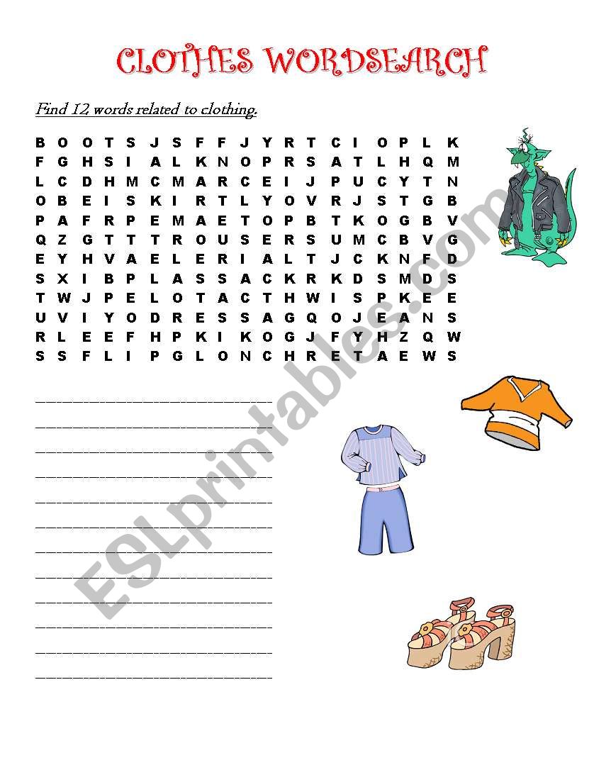 CLOTHES WORDSEARCH worksheet