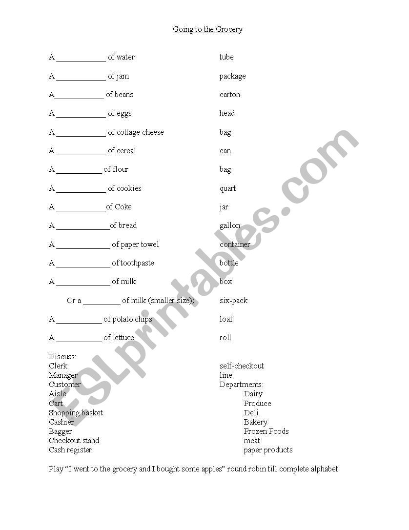 Going to the Grocery worksheet