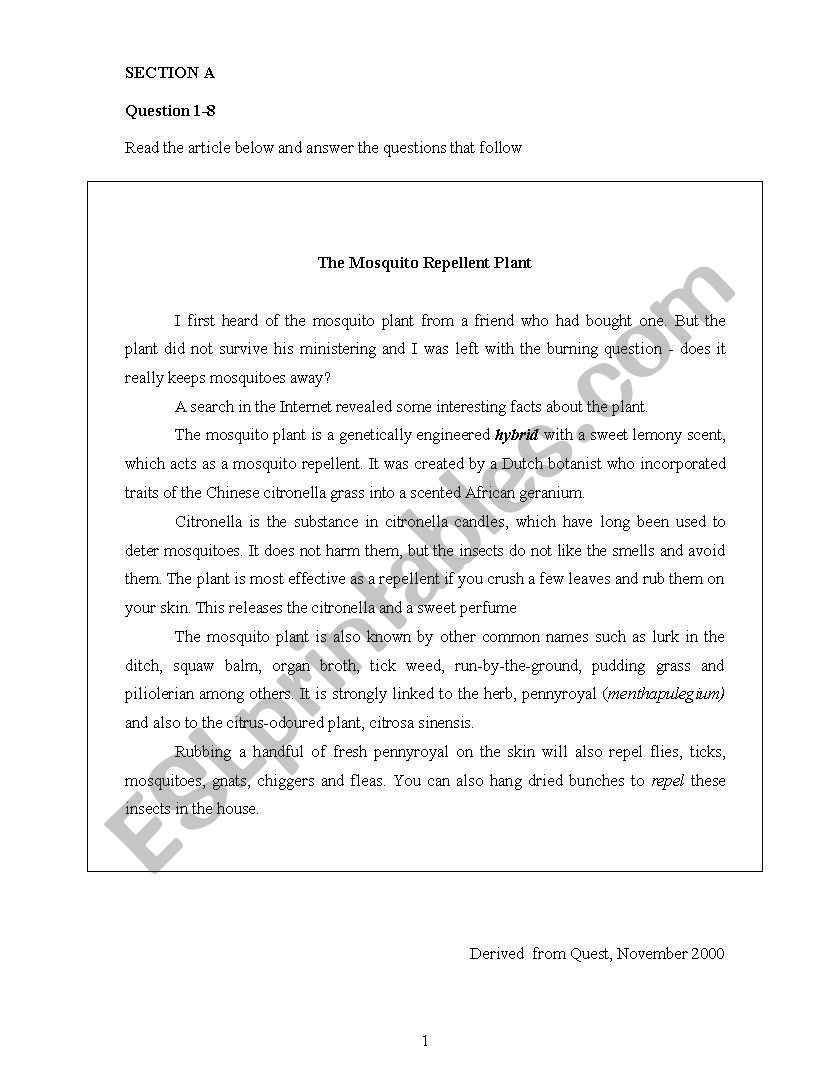 Comprehension test worksheet