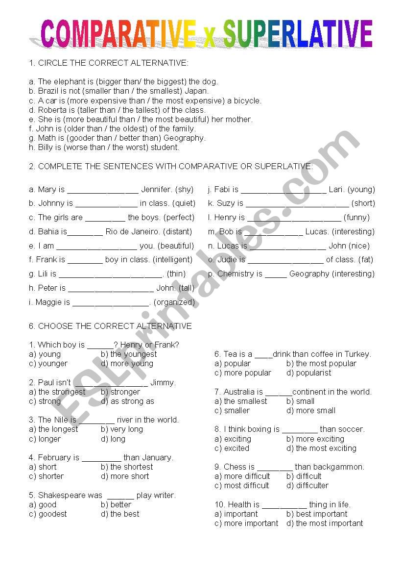 Comparative x Superlative worksheet