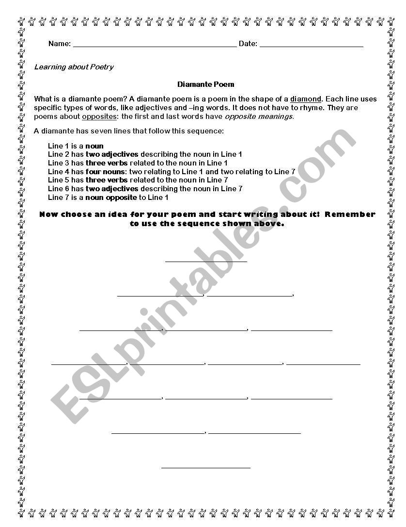 Diamante Poem worksheet