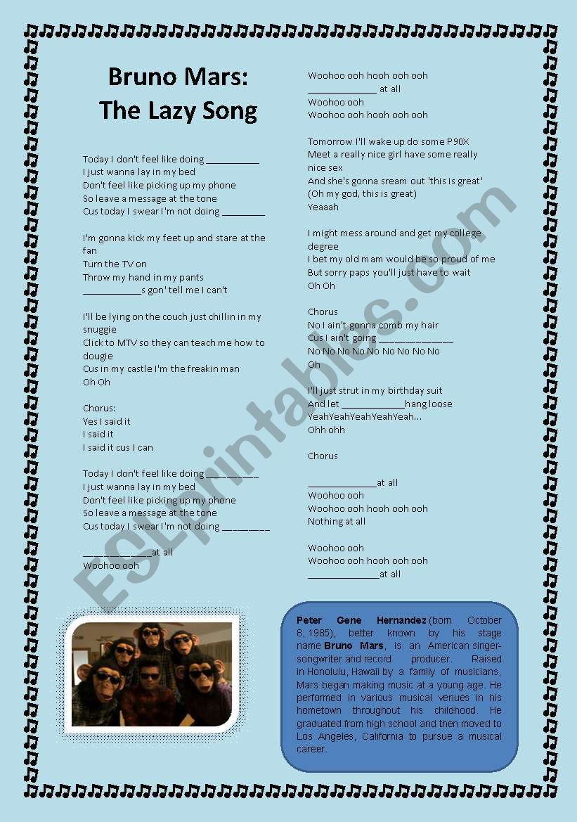 Lazy Song worksheet
