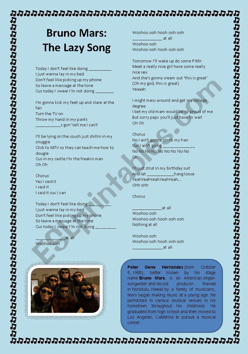 Lazy Song worksheet