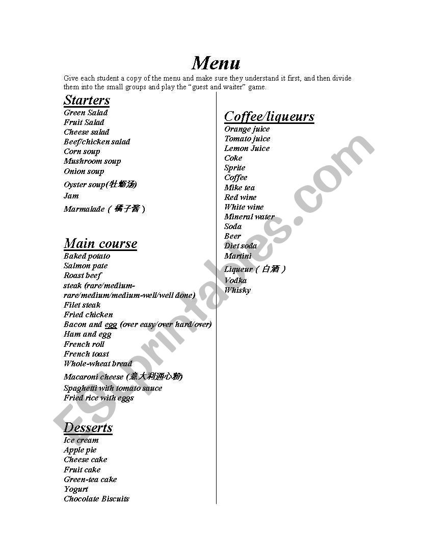 menu worksheet