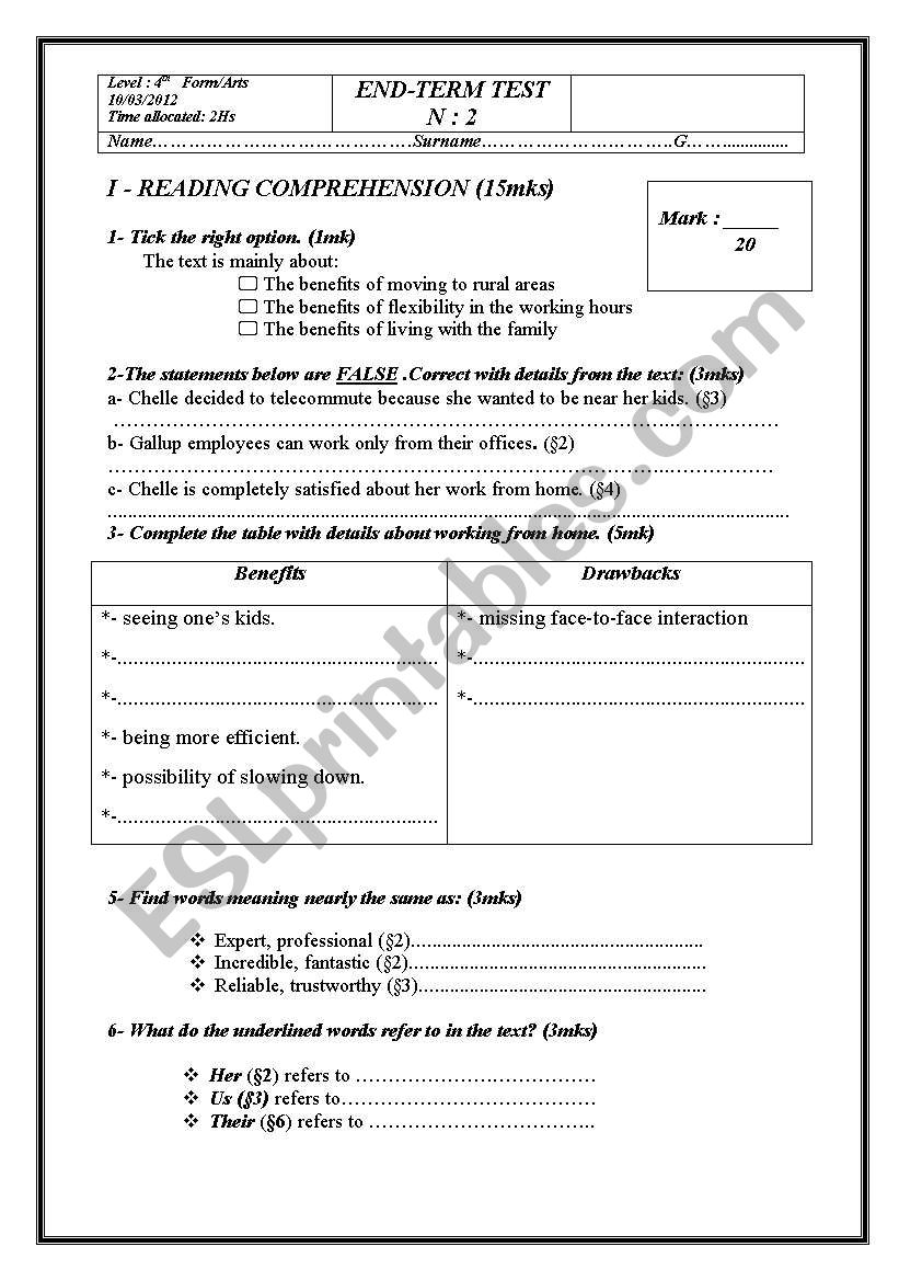 End-term test 4th form Arts worksheet