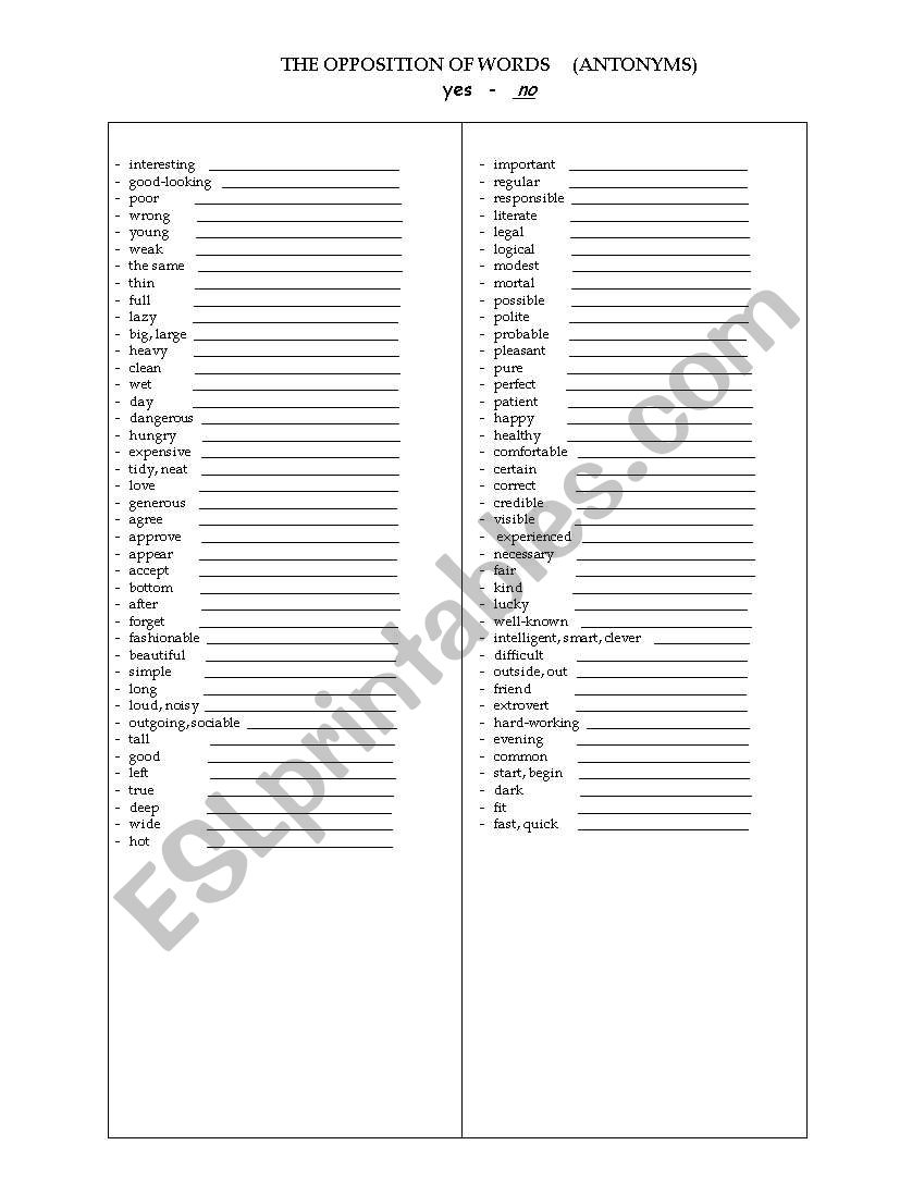 Opposite words worksheet