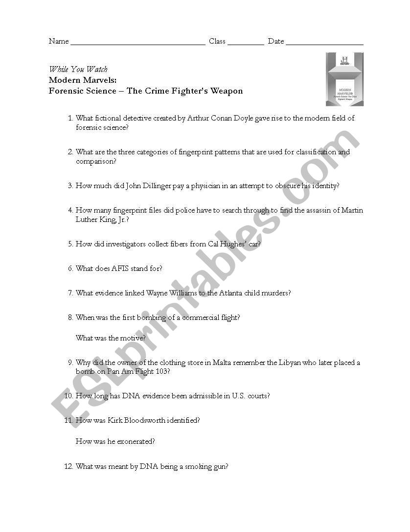 English Worksheets While You Watch Modern Marvels Forensic Science The Crime Fighter S Weapon