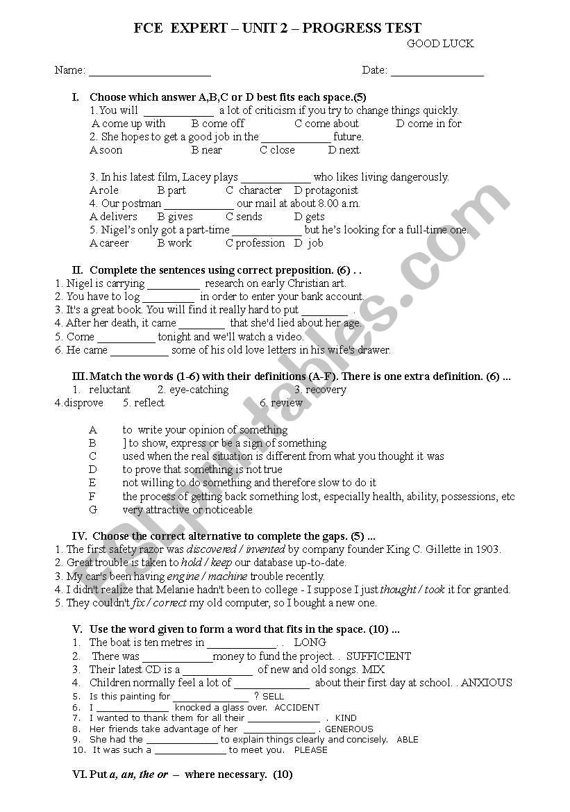  FCE EXpert Unit 5 progress test with key