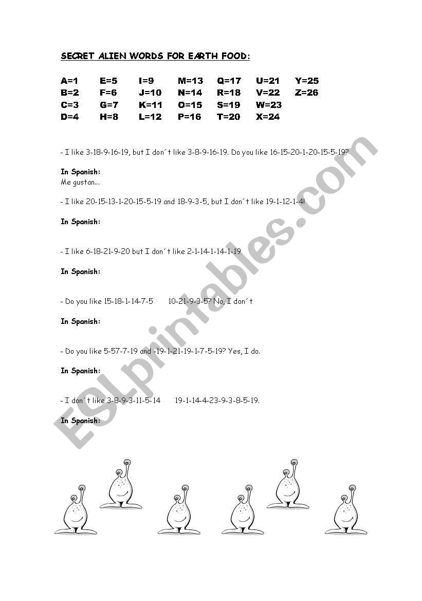 Alien food worksheet