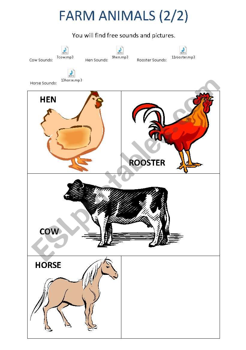 FARM ANIMALS (Part 2) Pictures and Sounds - ESL worksheet by Medusegirl