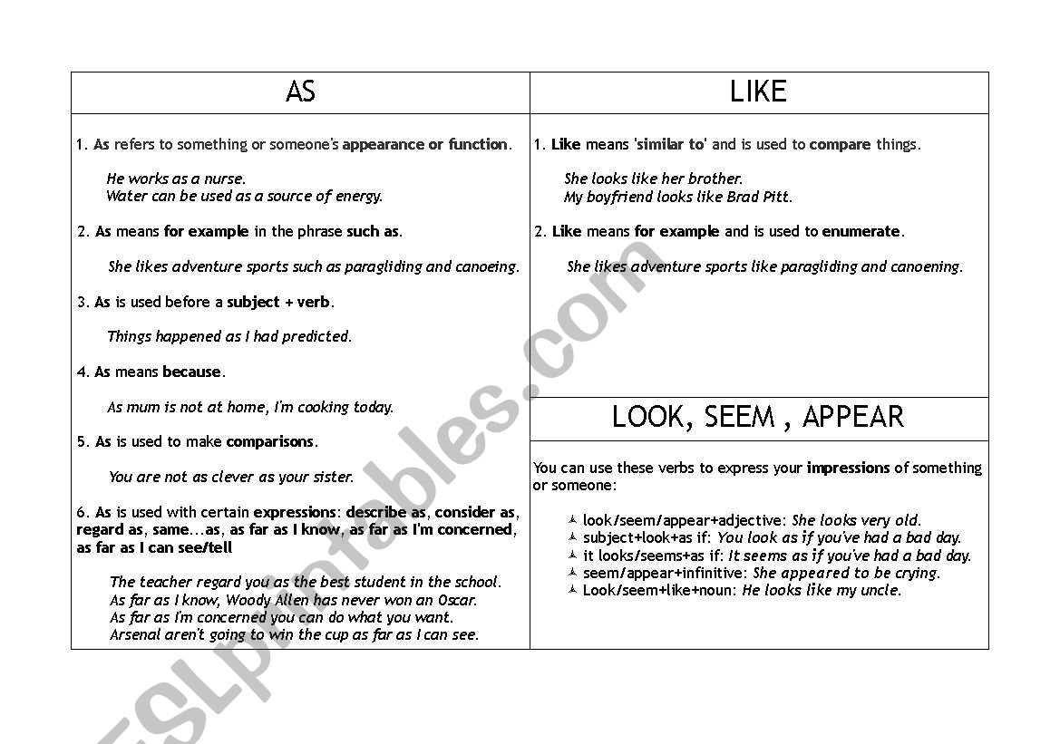 As / Like Table worksheet