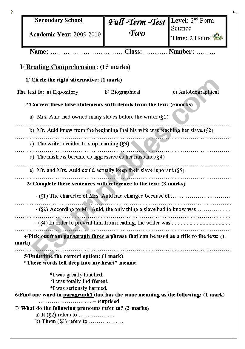 full term test2 worksheet