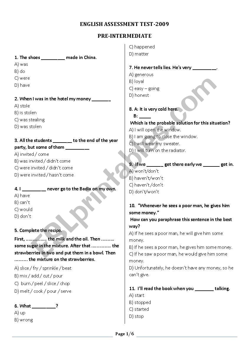 english assessment test for pre intermediate level