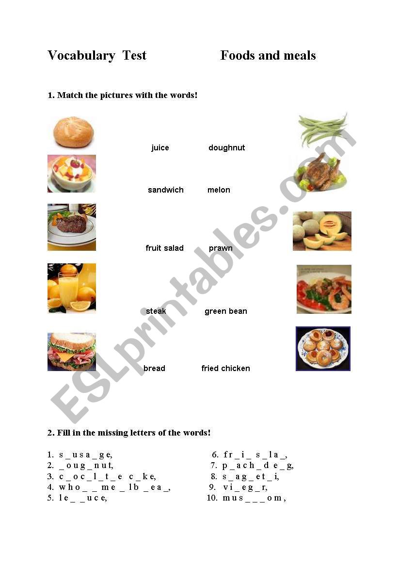 test on foods worksheet